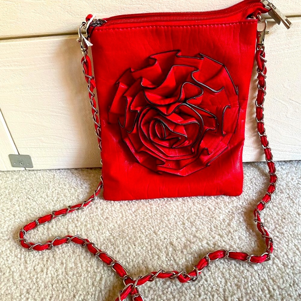 Red Mini Crossbody Bag with Rosette Detail